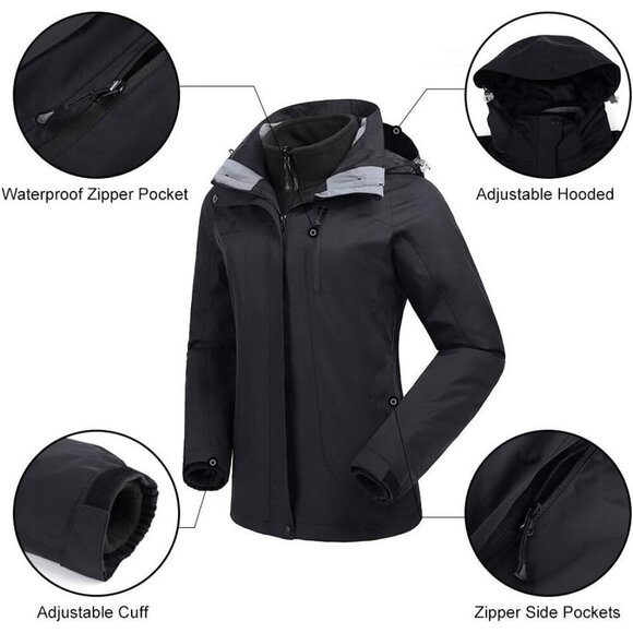 NWT Camel Crown Womens Ski Jacket‎ Detachable Hooded Coat Black Size L - Picture 14 of 16